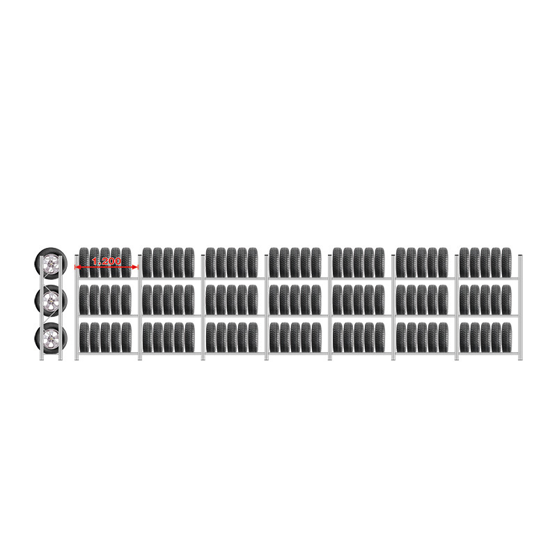 Reifenregal UNIRACK | Komplettregal | H 2000 x T 400 x L 8500 mm | 3 Ebenen | Fachlast 200 kg | für 84 Räder