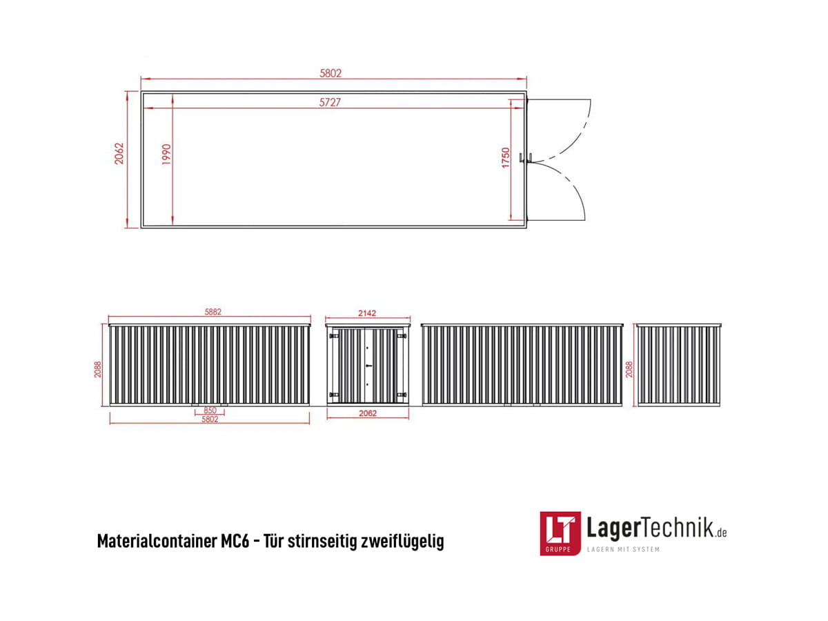 Materialcontainer MC6 | lackiert RAL7016 | H 2088 x B 2142 x T 5882 mm | Tür stirnseitig zweiflügelig
