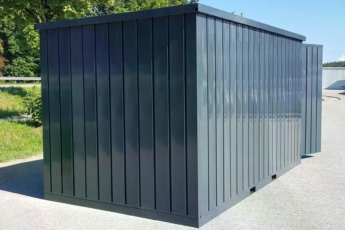 Materialcontainer MC6 | lackiert RAL7016 | H 2088 x B 2142 x T 5882 mm | Tür stirnseitig zweiflügelig