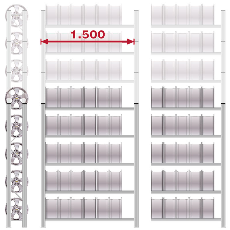 Felgenregal | Grundregal | H 3500 x T 300 x L 1500 mm | 8 Ebenen | Fachlast 200 kg | bis zu 88 Felgen