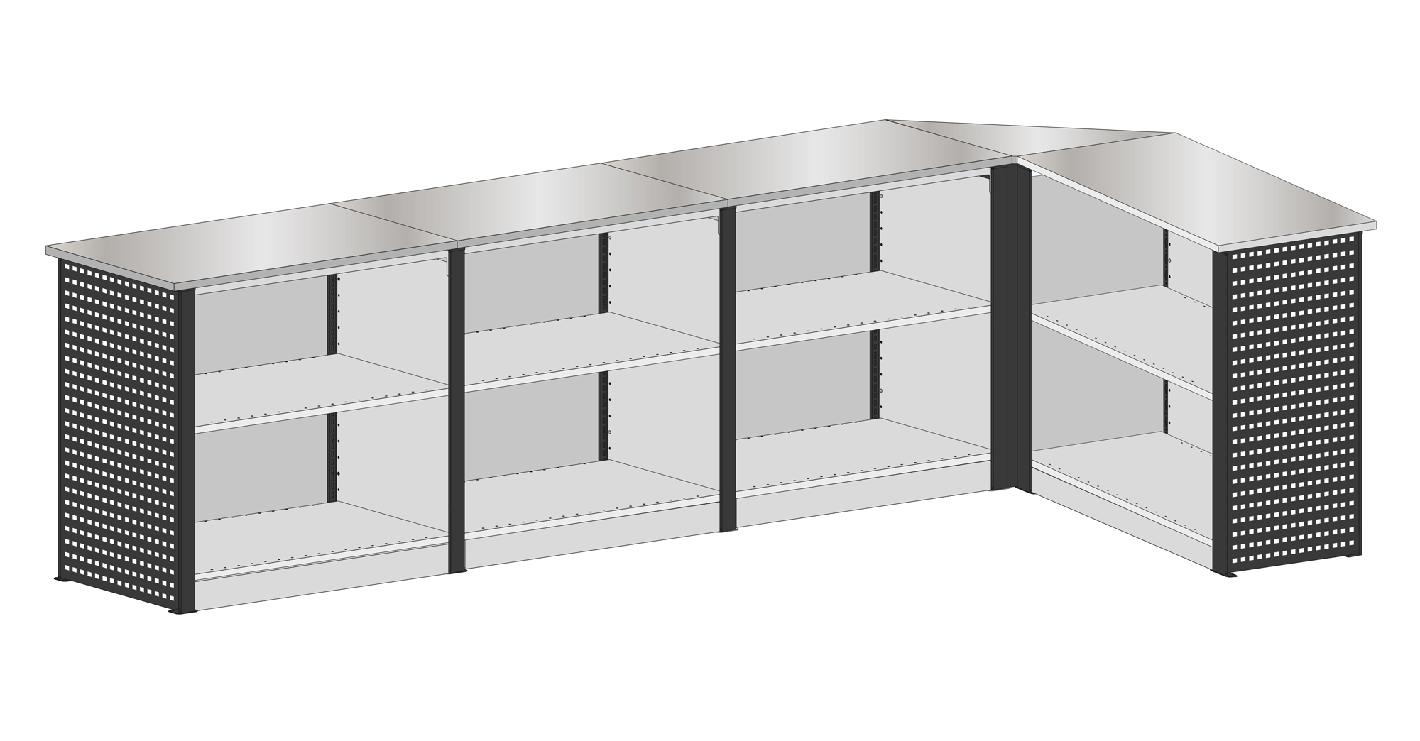 Empfangstheke Ecklösung L-Form | H 1035 x T 1836 x L 3848 mm | 8 Böden | schwarz / lichtgrau