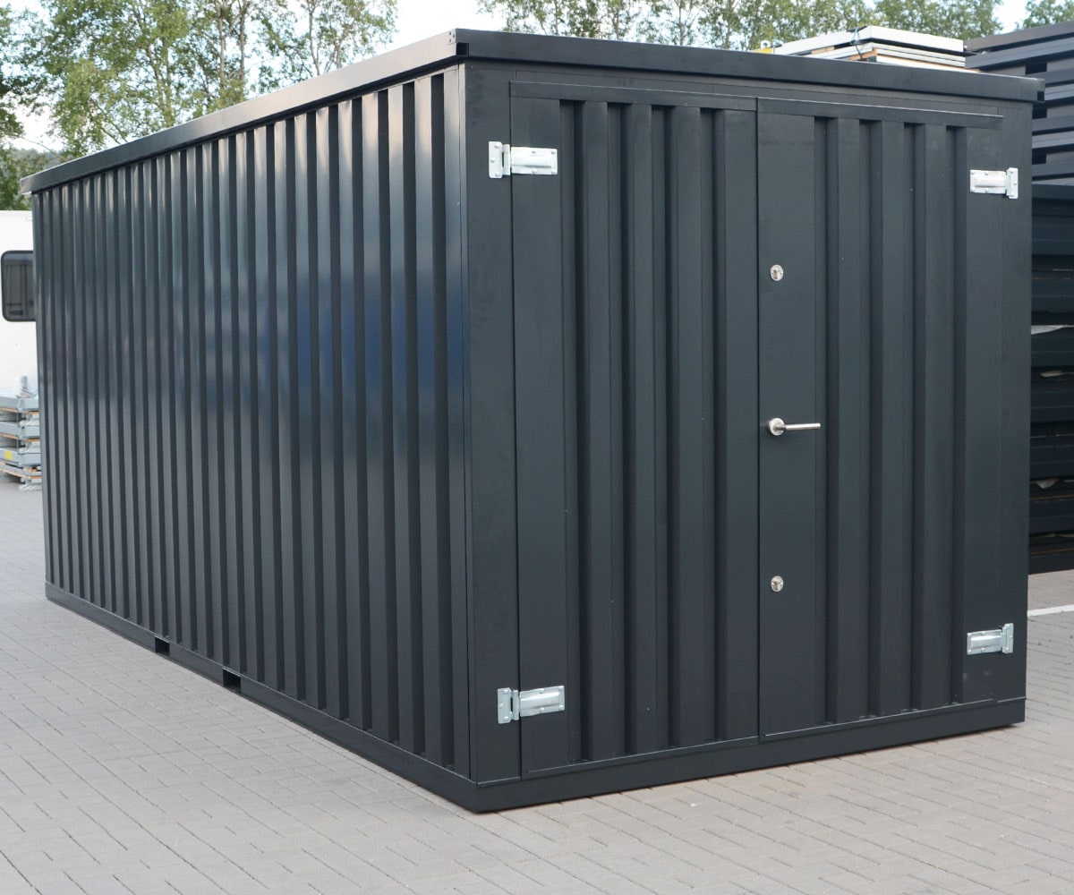 Materialcontainer MC4 lackiert RAL 7021 Schwarzgrau | H 2090 x B 2142 x T 3882 mm | Tür stirnseitig zweiflügelig