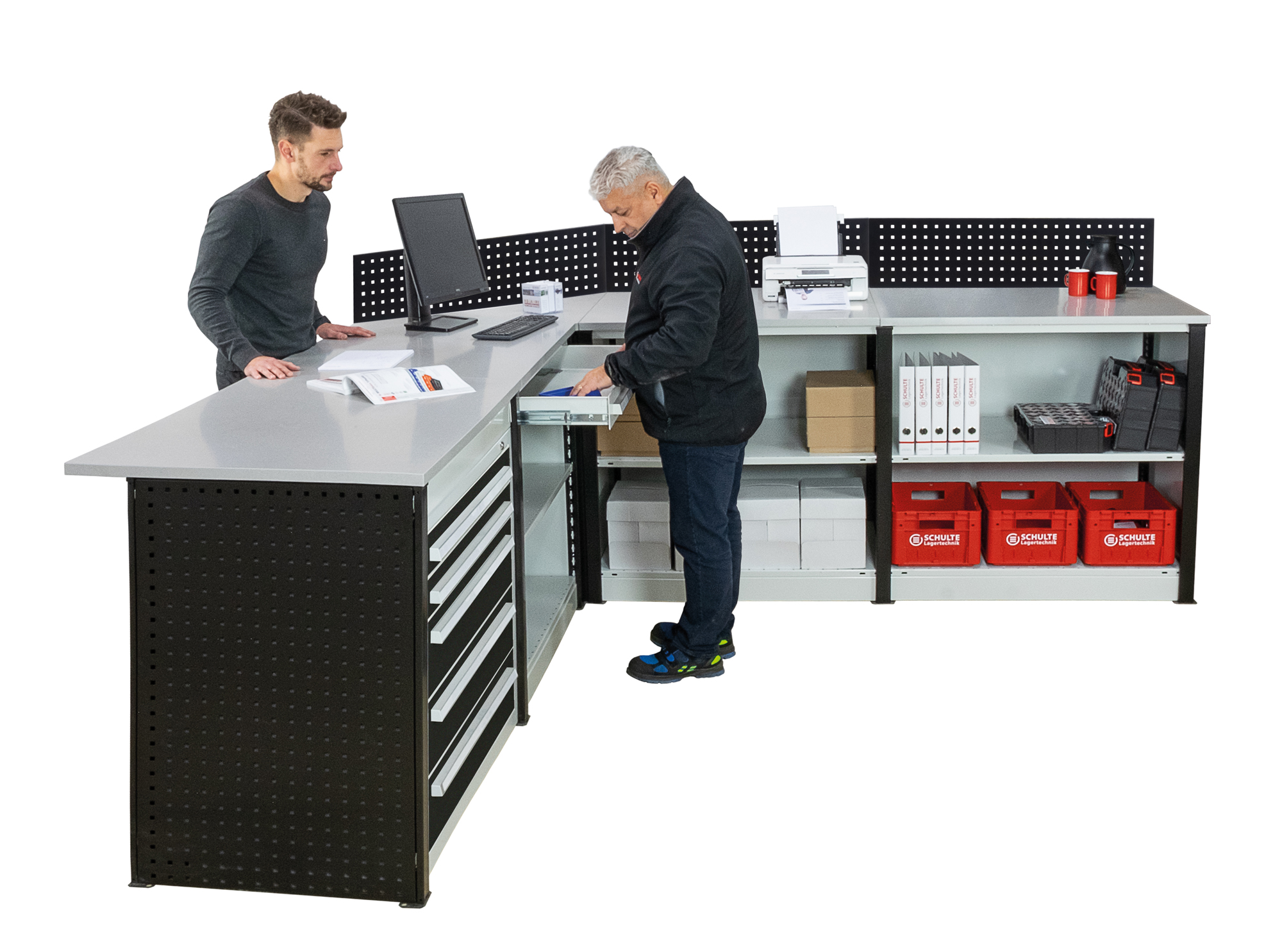Empfangstheke Startmodul | H 1035 x T 780 x L 1000 mm | 2 Böden | schwarz / lichtgrau