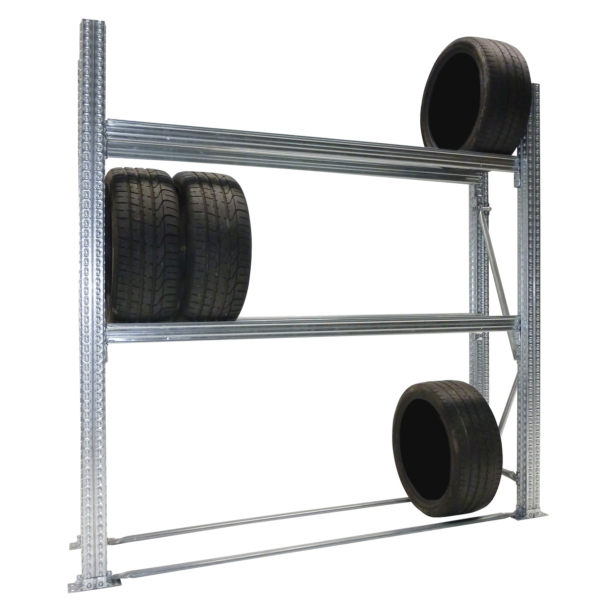Reifenregal TS | Grundregal | H 3000 x T 500 x L 2120 mm | 3 Ebenen | Fachlast 400 kg | für 24 Räder