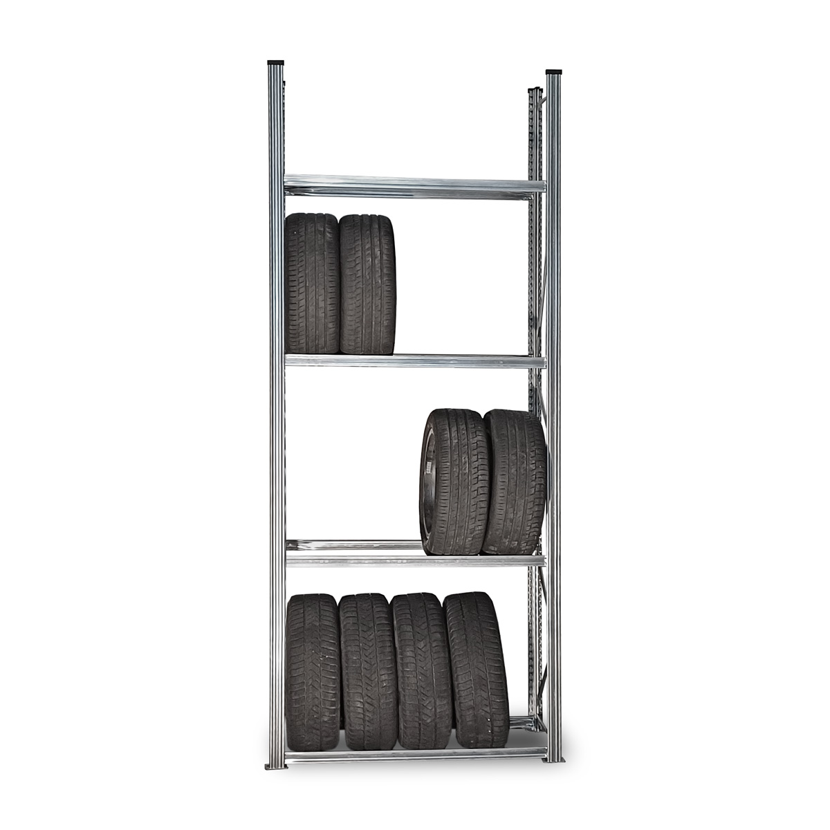 Reifenregal UNIRACK | Grundregal | H 3000 x T 400 x L 1200 mm | 4 Ebenen | Fachlast 200 kg | für 16 Räder