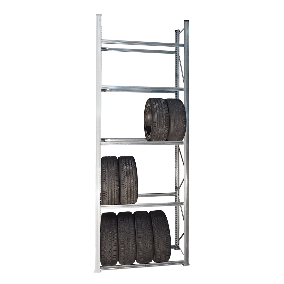 Reifenregal UNIRACK | Anbauregal | H 3500 x T 400 x L 1050 mm | 5 Ebenen | Fachlast 200 kg | für 20 Räder