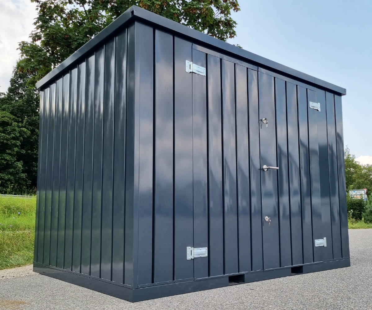 Materialcontainer MC4 lackiert RAL 7016 Anthrazitgrau | H 2090 x B 2142 x T 3882 mm | Tür längsseitig zweiflügelig