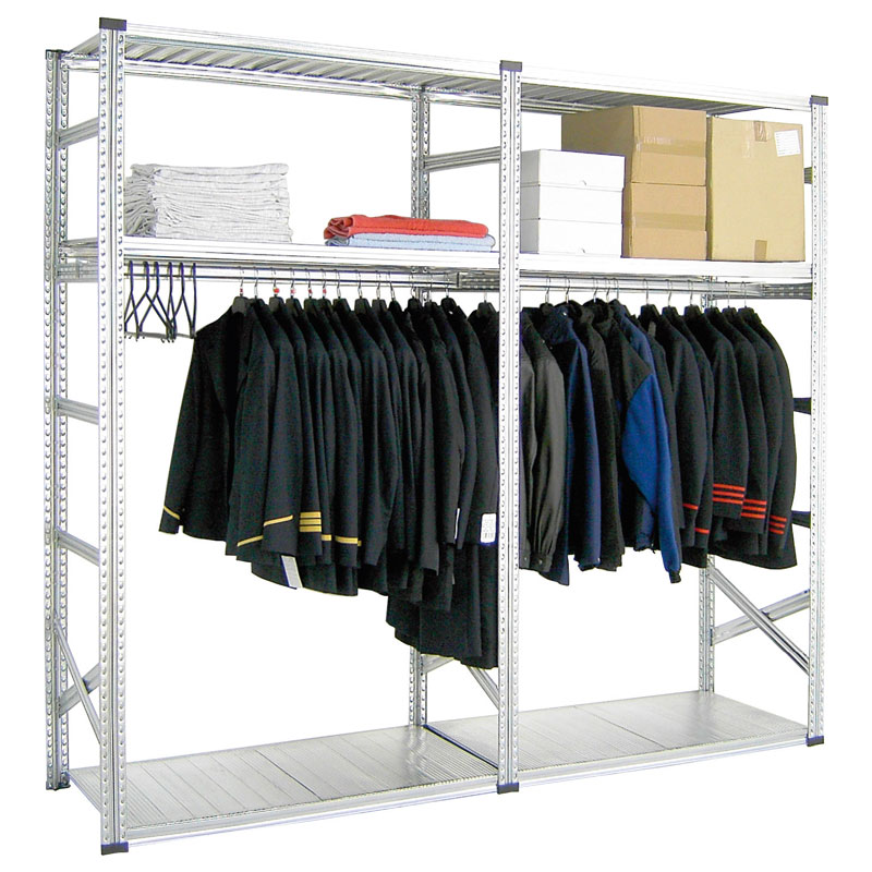 Fachbodenregal | Textilregal | H 2400 x T 600 x L 2480 mm | 3 Ebenen | 6 Fachböden | 2 Kleiderstangen