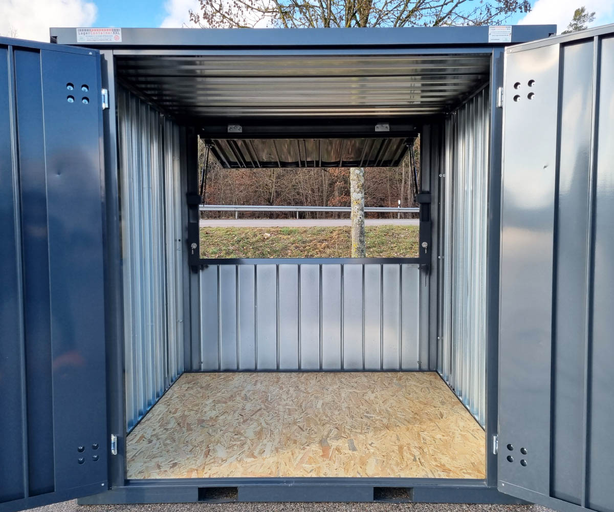 Verkaufscontainer VC2 RAL 7016 Anthrazitgrau | H 2240 x B 2290 x T 2021 mm | Tür zweiflügelig