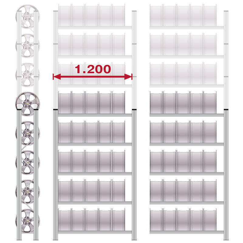 Felgenregal | Grundregal | H 2000 x T 300 x L 1200 mm | 5 Ebenen | Fachlast 200 kg | bis zu 40 Felgen