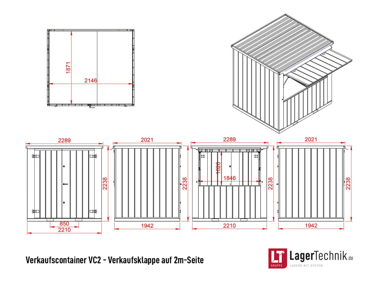 Verkaufscontainer VC2 RAL 7016 Anthrazitgrau | H 2240 x B 2290 x T 2021 mm | Tür zweiflügelig