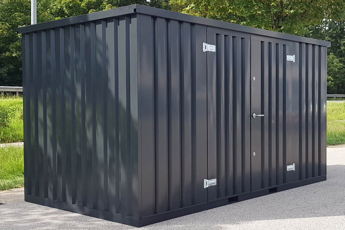 Materialcontainer MC3 lackiert RAL 7021 Schwarzgrau | H 2088 x B 2142 x T 2950 mm | Tür längsseitig zweiflügelig