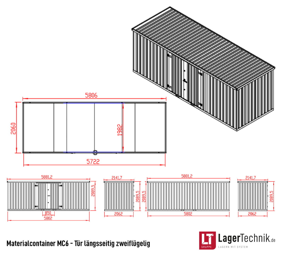 Materialcontainer MC6 lackiert RAL 7016 Anthrazitgrau | H 2090 x B 2142 x T 5882 mm | Tür längsseitig zweiflügelig