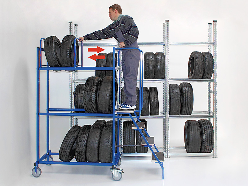 Reifenwagen Werkstattwagen | mit Treppe | H 2000 x T 610 x L 1700/2100 mm | 3 Ebenen | für 15 Räder